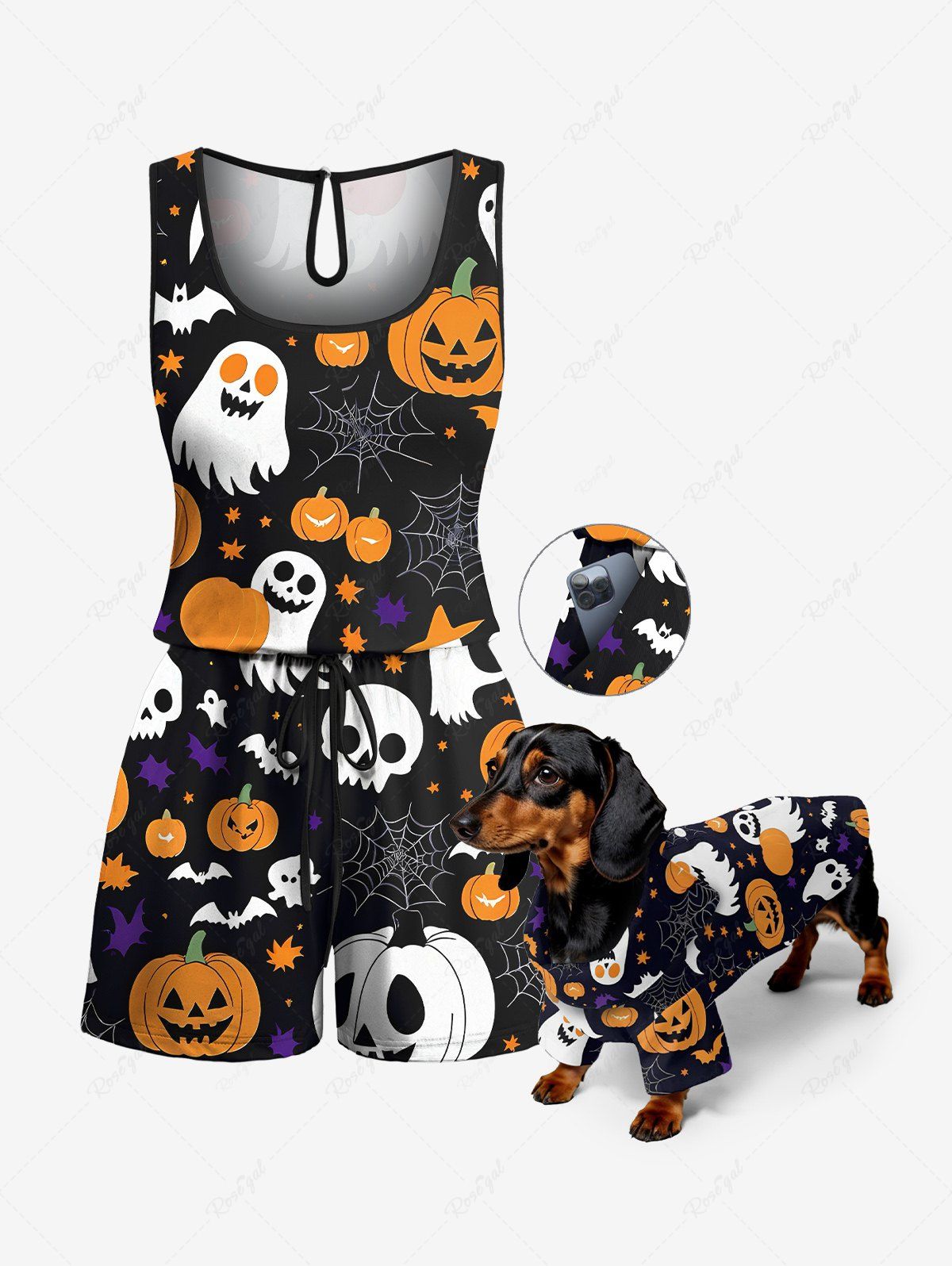 Skull Pumpkin Ghost Spider Web Bat Printed Halloween Shirt Romper Dog And Owner Matching Outfits