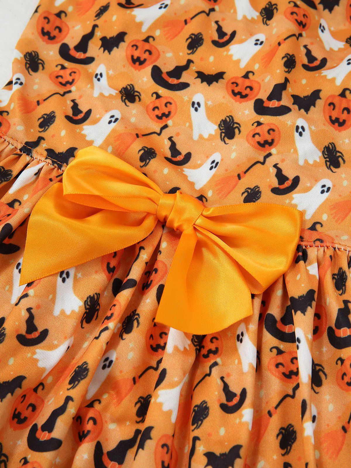 Pet's Halloween Pumpkin Bat Hat Ghost Spider Print Bowknot Dress
