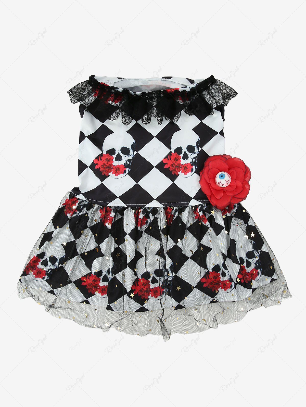 Halloween Skulls Flowers Checkered Plaid Print Fishnet Lace Trim Dresses Dog and Owner Matching Outfits