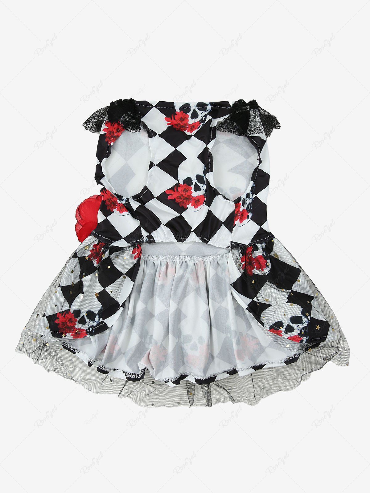 Halloween Skulls Flowers Checkered Plaid Print Fishnet Lace Trim Dresses Dog and Owner Matching Outfits