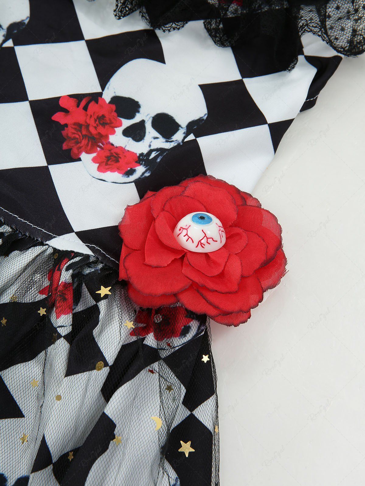 Pet's Halloween Skulls Flowers Checkered Plaid Print Fishnet Lace Trim Dress