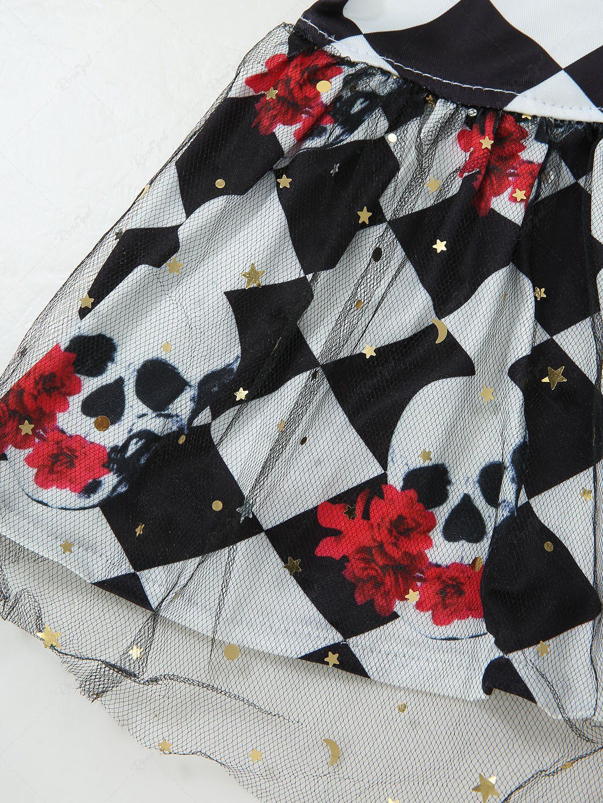 Pet's Halloween Skulls Flowers Checkered Plaid Print Fishnet Lace Trim Dress