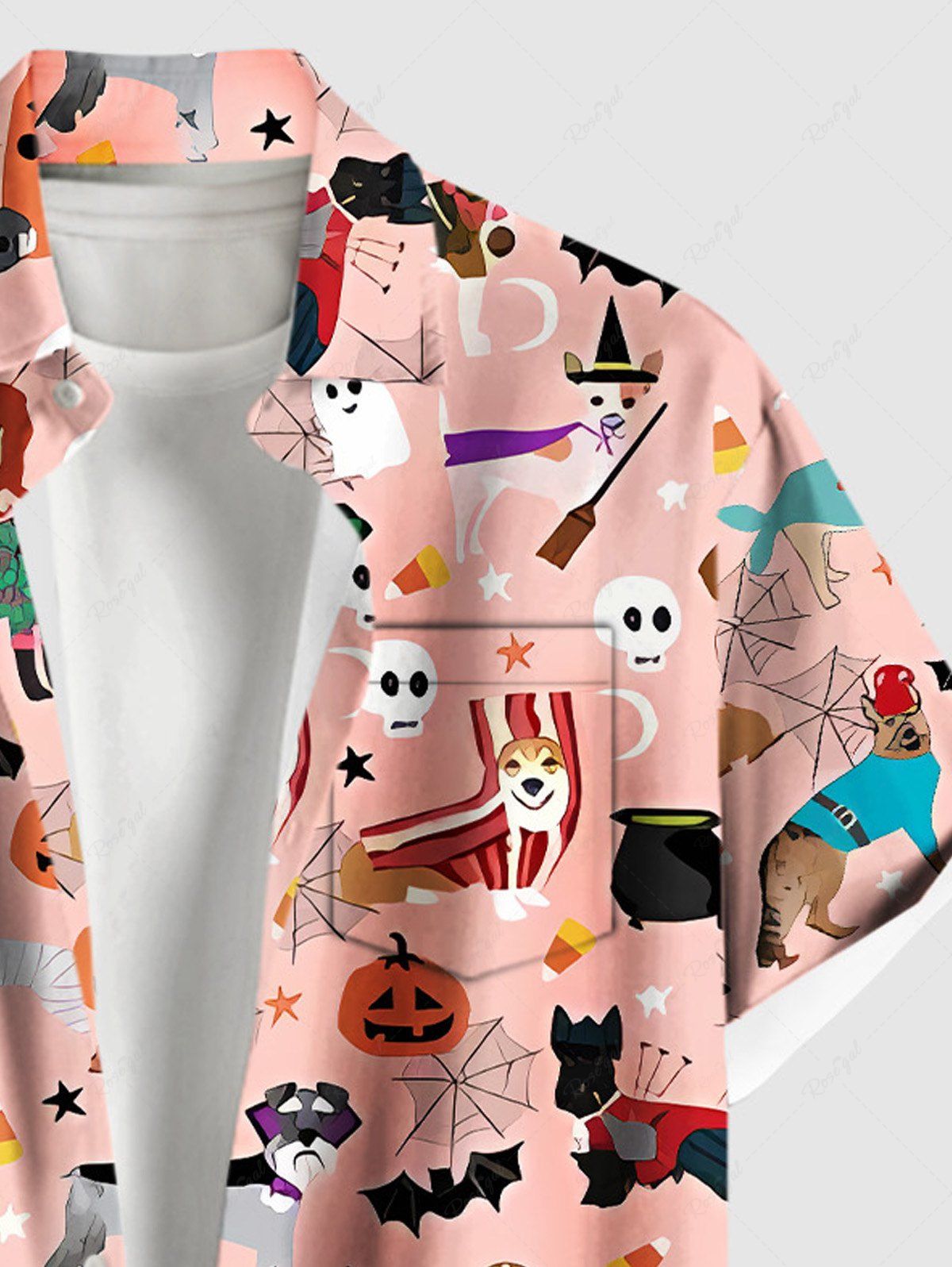 Plus Size Halloween Pumpkin Bat Spider Web Dogs Skulls Ghost Print Buttons Pocket Shirt For Men