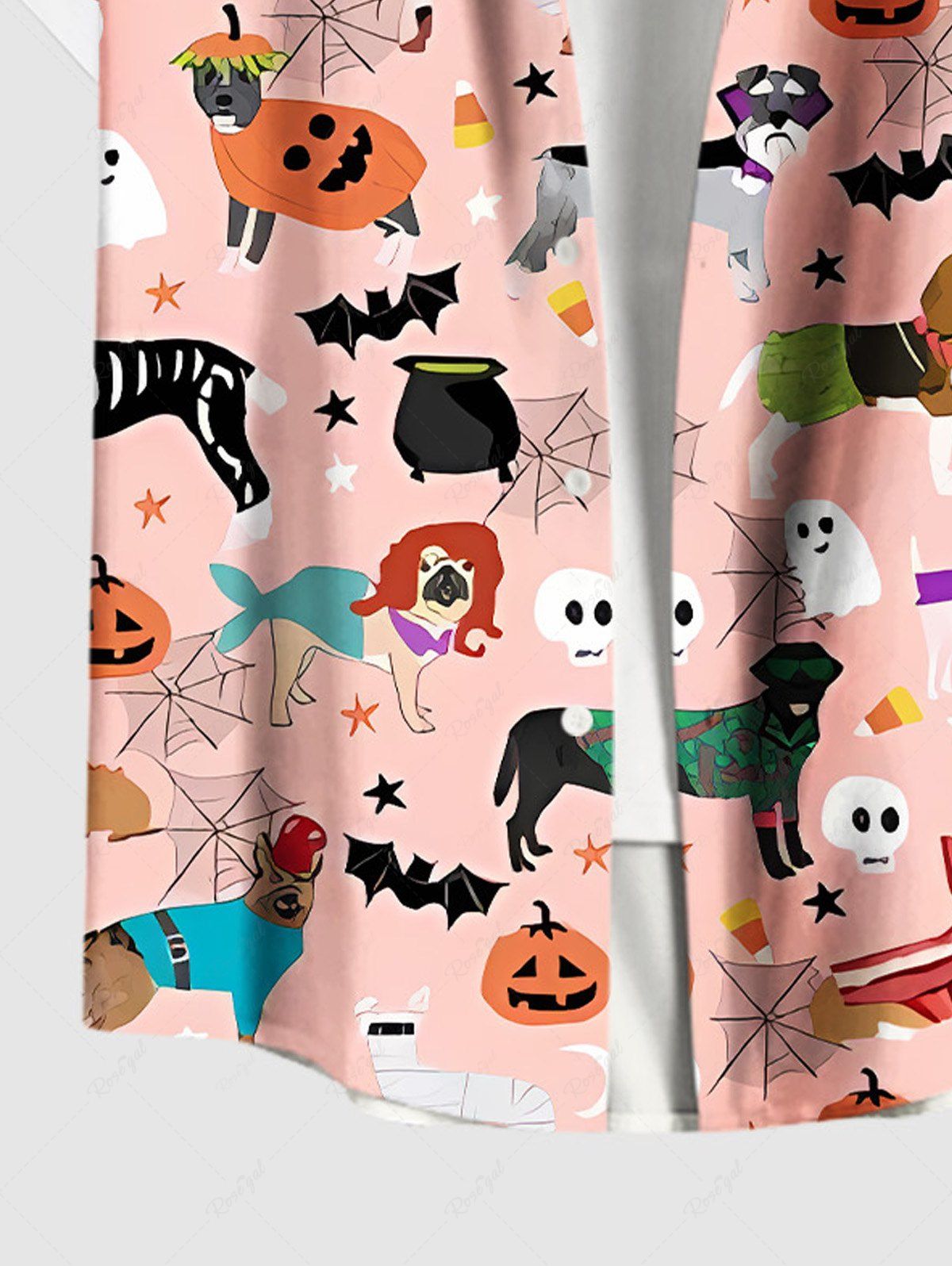Plus Size Halloween Pumpkin Bat Spider Web Dogs Skulls Ghost Print Buttons Pocket Shirt For Men