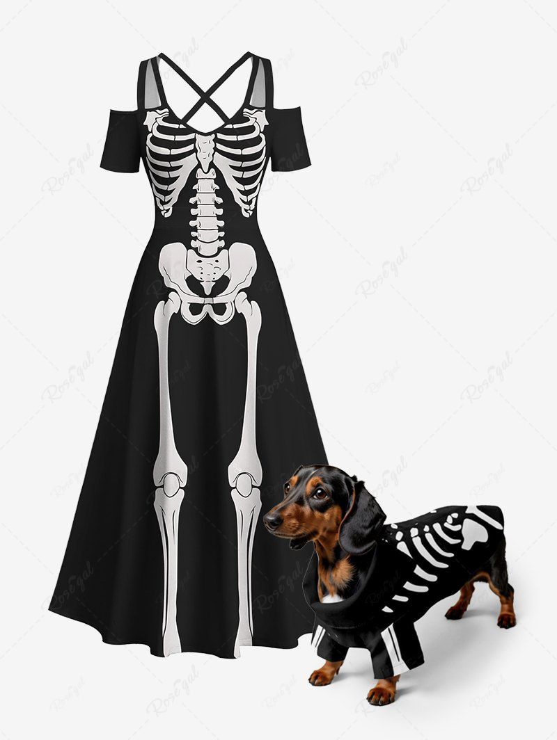 Halloween Costume Skeleton Print Shirt and Dress Dog and Owner Matching Outfits