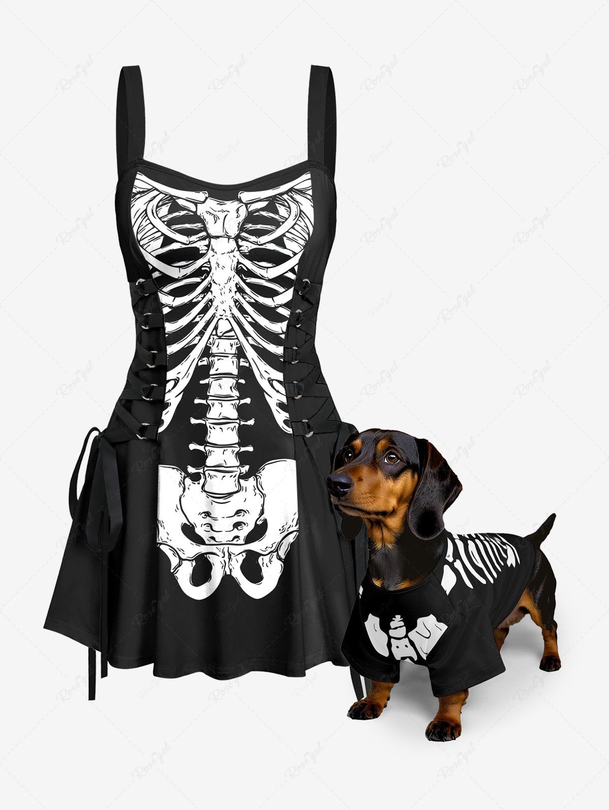 Halloween Costume Skeleton Print T-shirt and Tank Dress Dog and Owner Matching Outfits