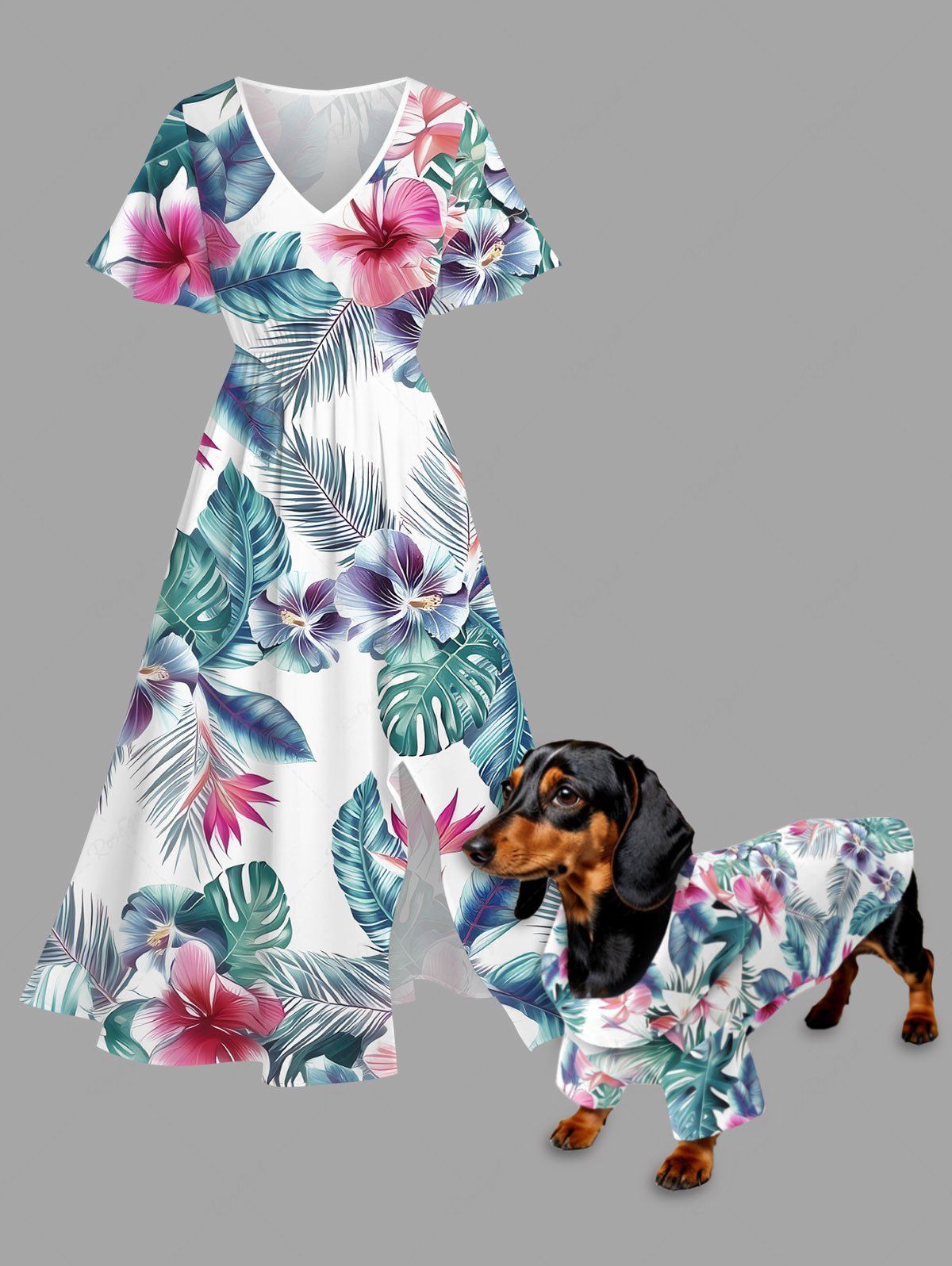 Tropical Leaf Hibiscus Flower Printed Hawaii Shirt Dress Dog And Owner Matching Outfits