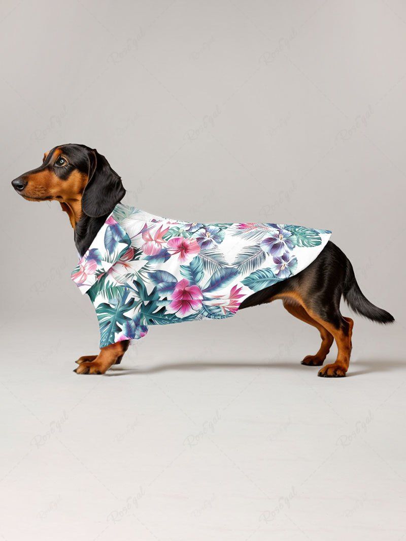 Pet's Tropical Leaf Hibiscus Flower Print Hawaii Button Shirt