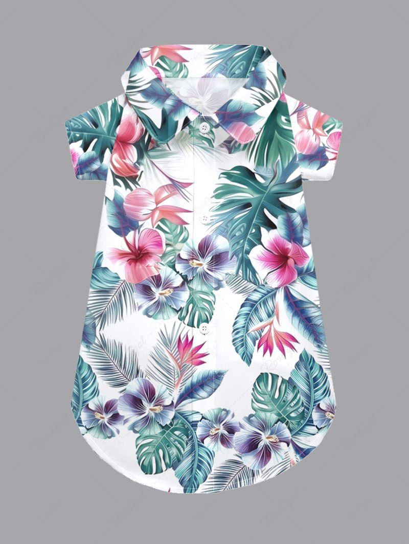 Pet's Tropical Leaf Hibiscus Flower Print Hawaii Button Shirt