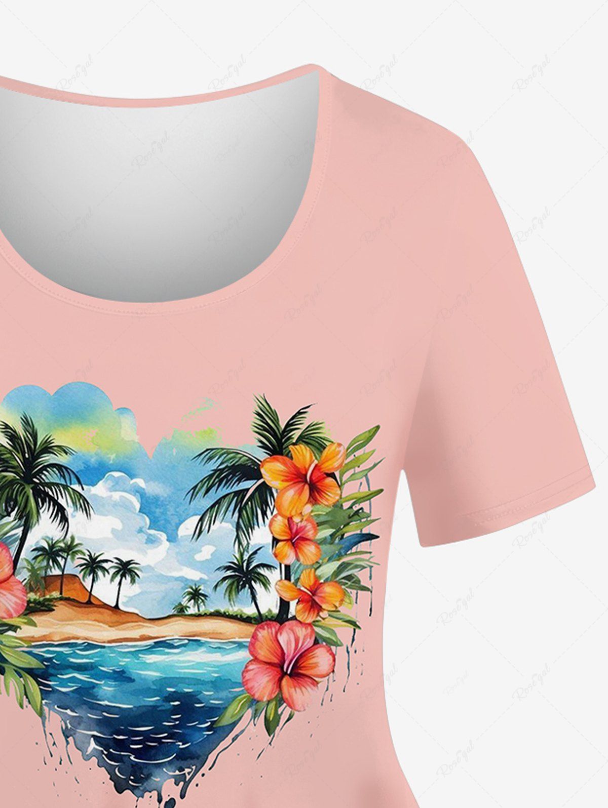 Plus Size Coconut Tree Hibiscus Flower Heart Seascape Print Hawaii Women T-shirt
