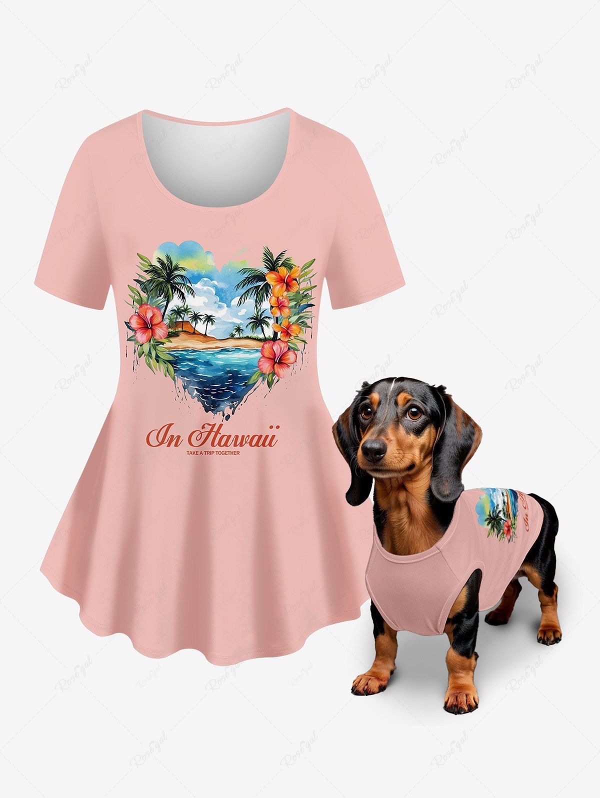 Coconut Tree Hibiscus Flower Heart Seascape Printed Hawaii Tank Top T-shirt Dog And Owner Matching Outfits