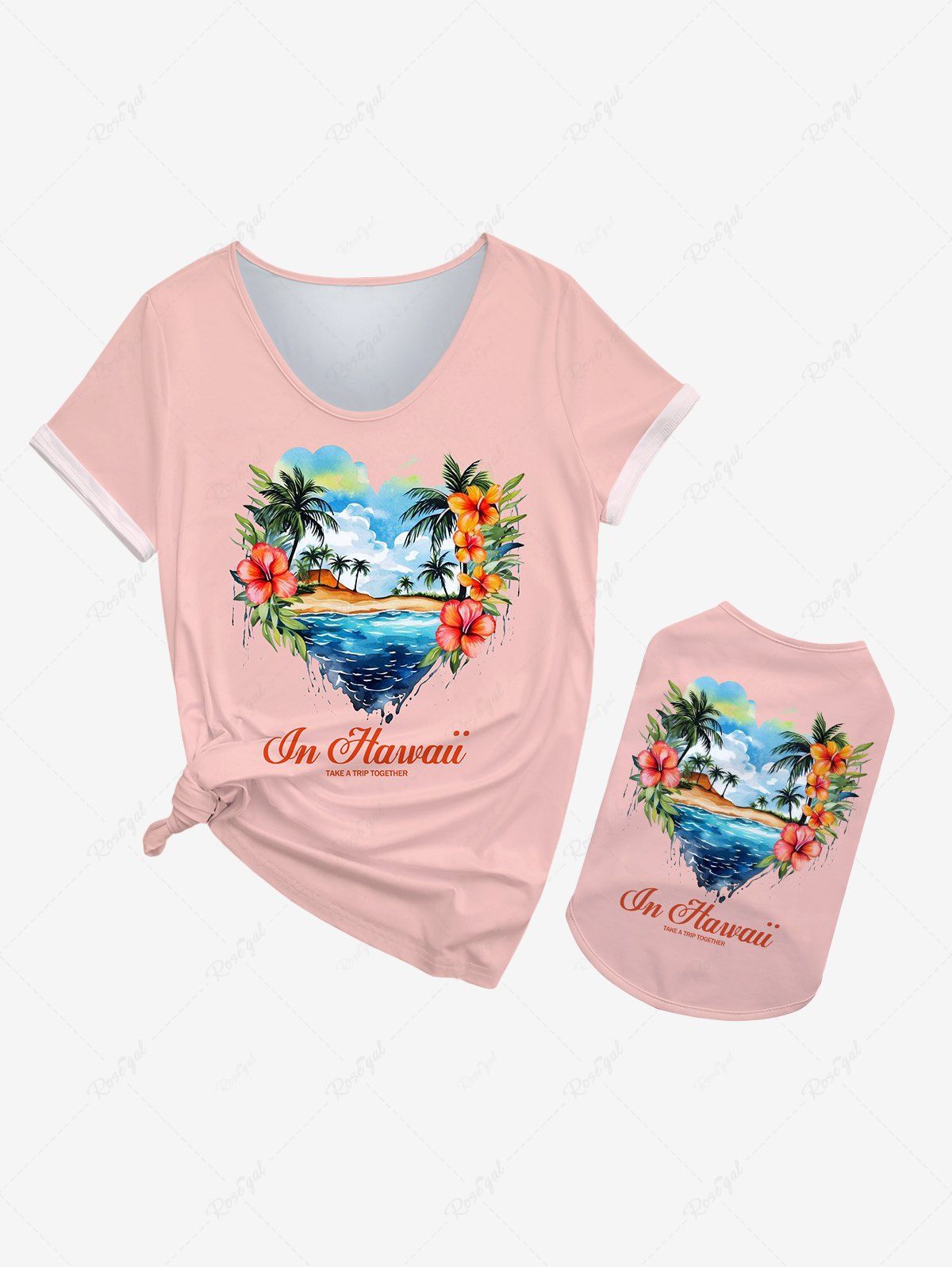 Coconut Tree Hibiscus Flower Heart Seascape Printed Hawaii Tank Top T-shirt Dog And Owner Matching Outfits