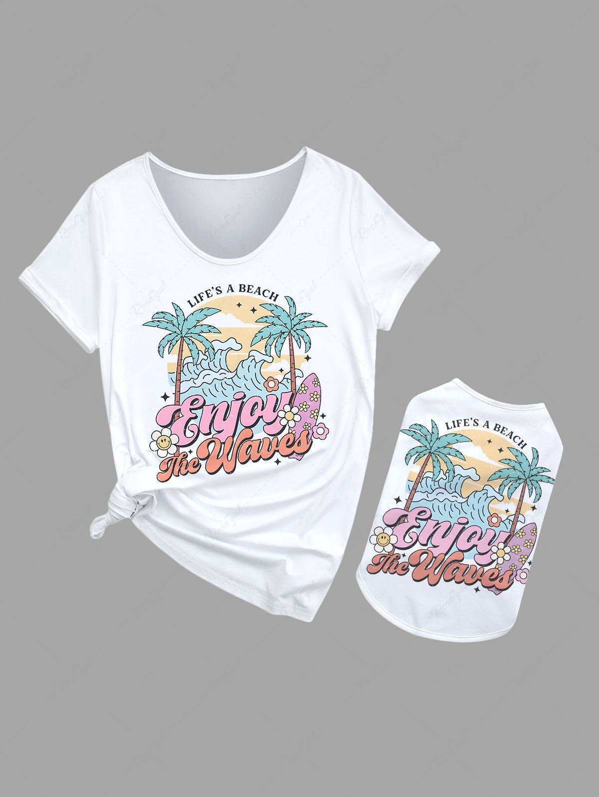 Coconut Tree Sea Waves Flowers Print Hawaii T-shirts Dog and Owner Matching Outfits