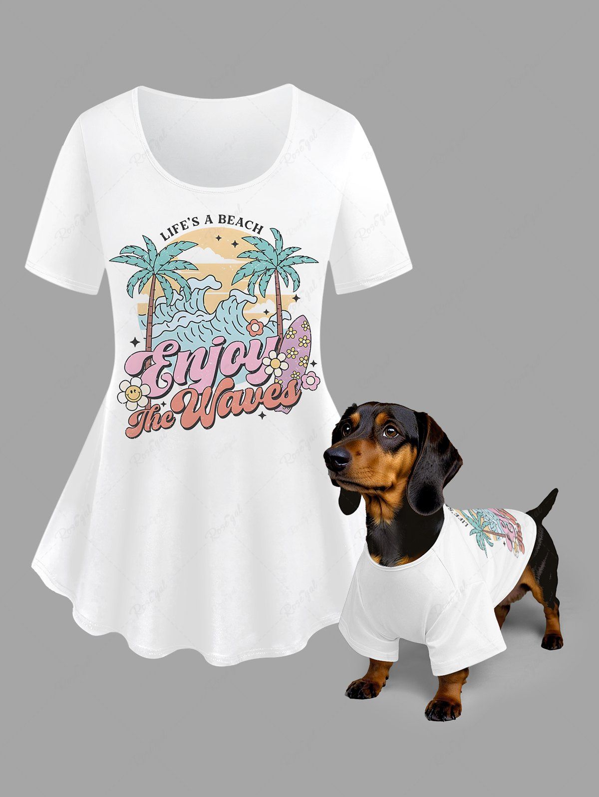 Coconut Tree Sea Waves Flowers Print Hawaii T-shirts Dog and Owner Matching Outfits