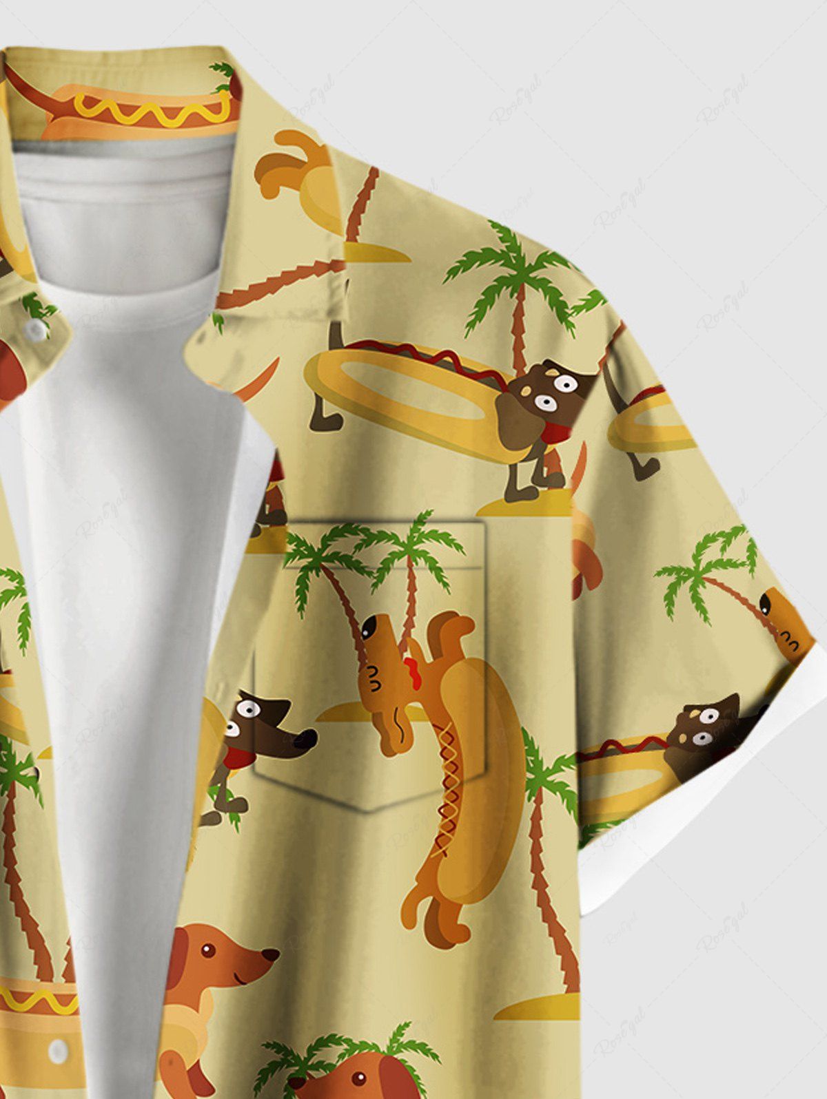 Plus Size Coconut Tree Hot Dogs Print Buttons Pocket Hawaii Shirt For Men