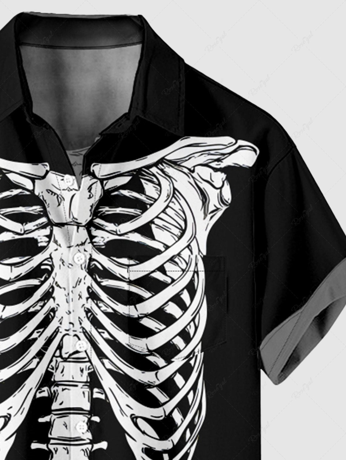 Plus Size Halloween Skeleton Print Buttons Pocket Shirt For Men