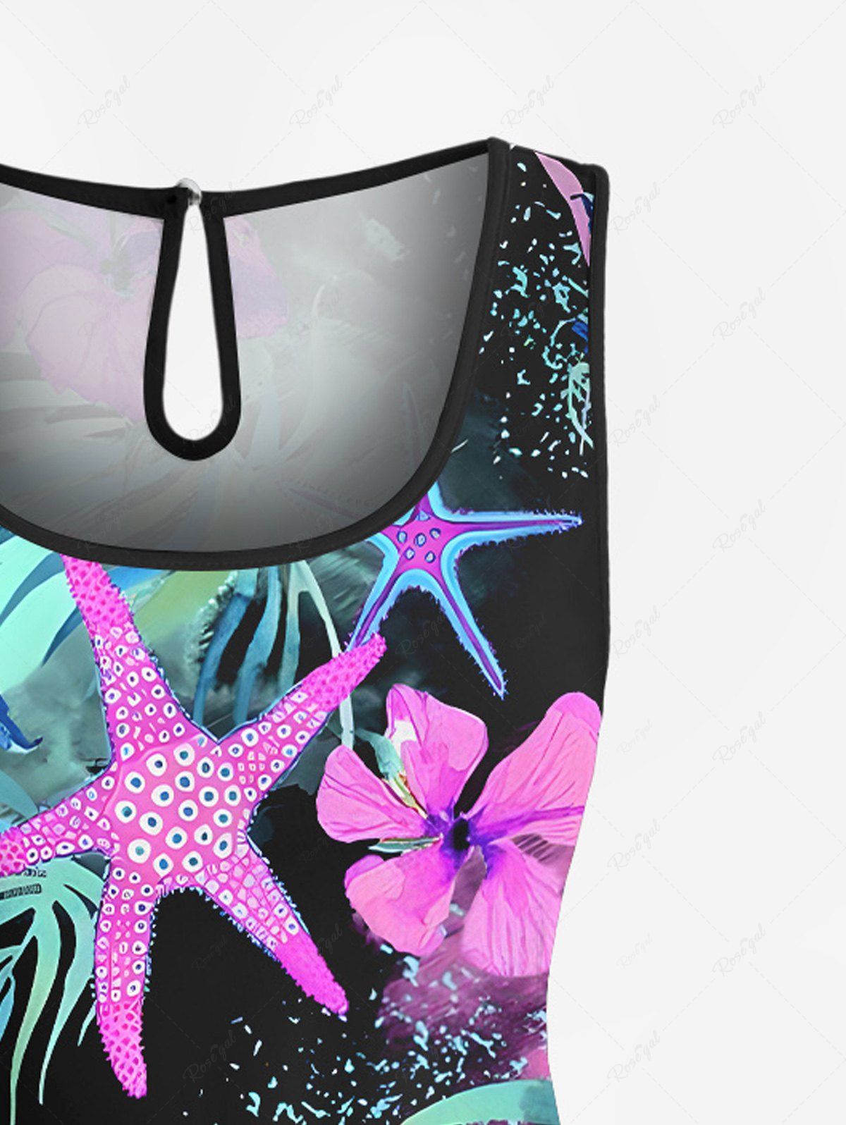 Plus Size Tropical Leaf Hibiscus Flower Starfish Print Hawaii Drawstring Pocket Romper