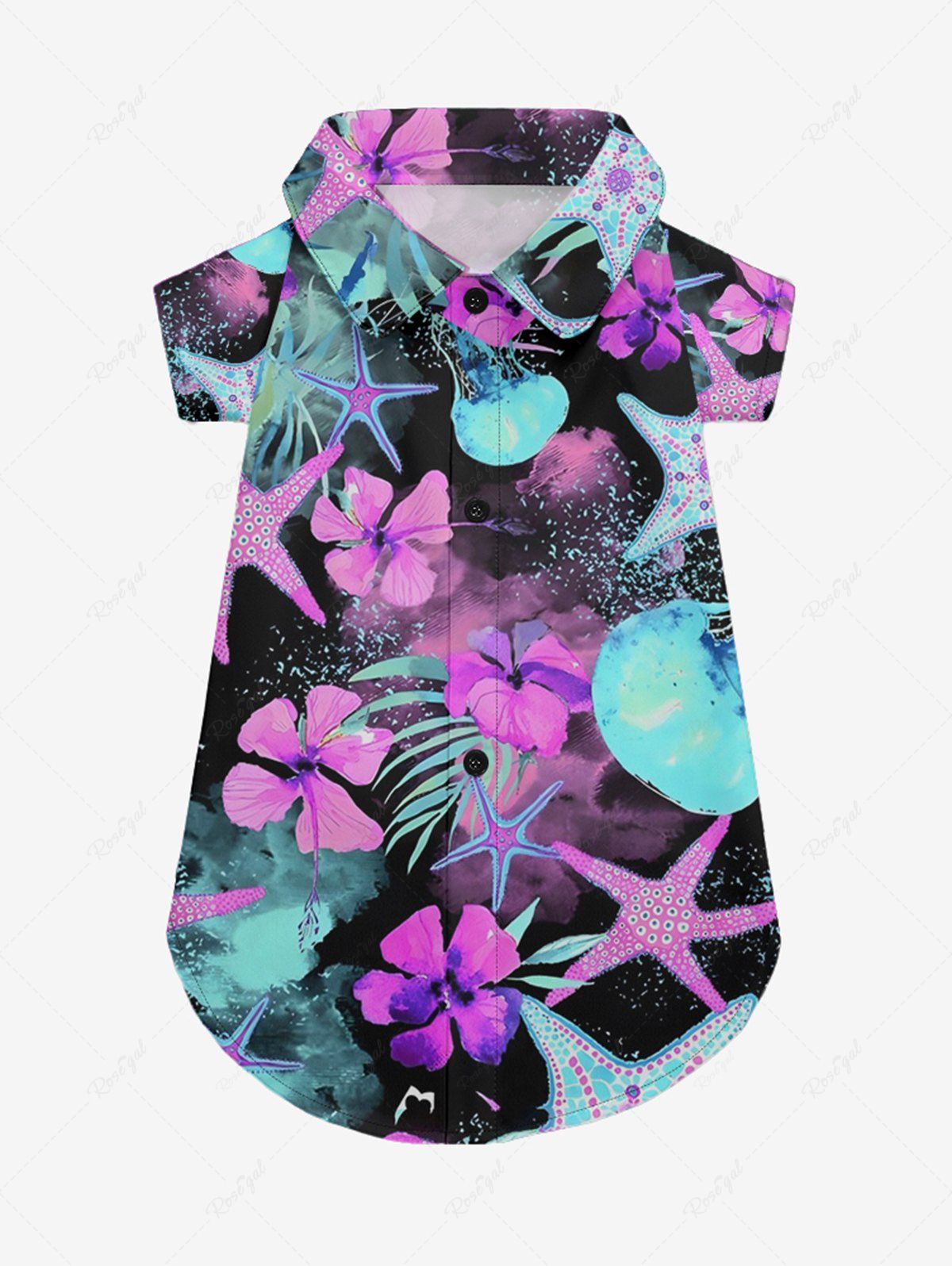 Pet's Tropical Leaf Hibiscus Flower Starfish Print Hawaii Button Shirt