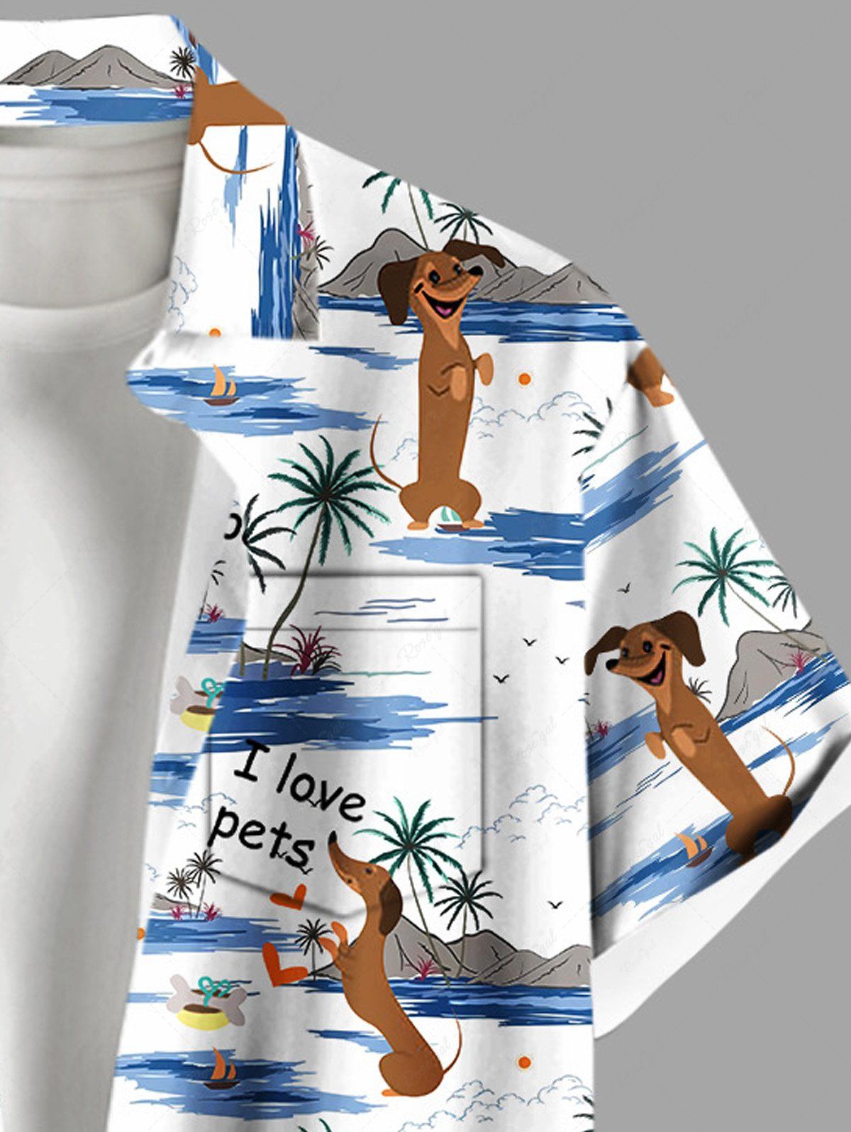 Plus Size Coconut Tree Dogs Seascape Print Buttons Pocket Hawaii Shirt For Men