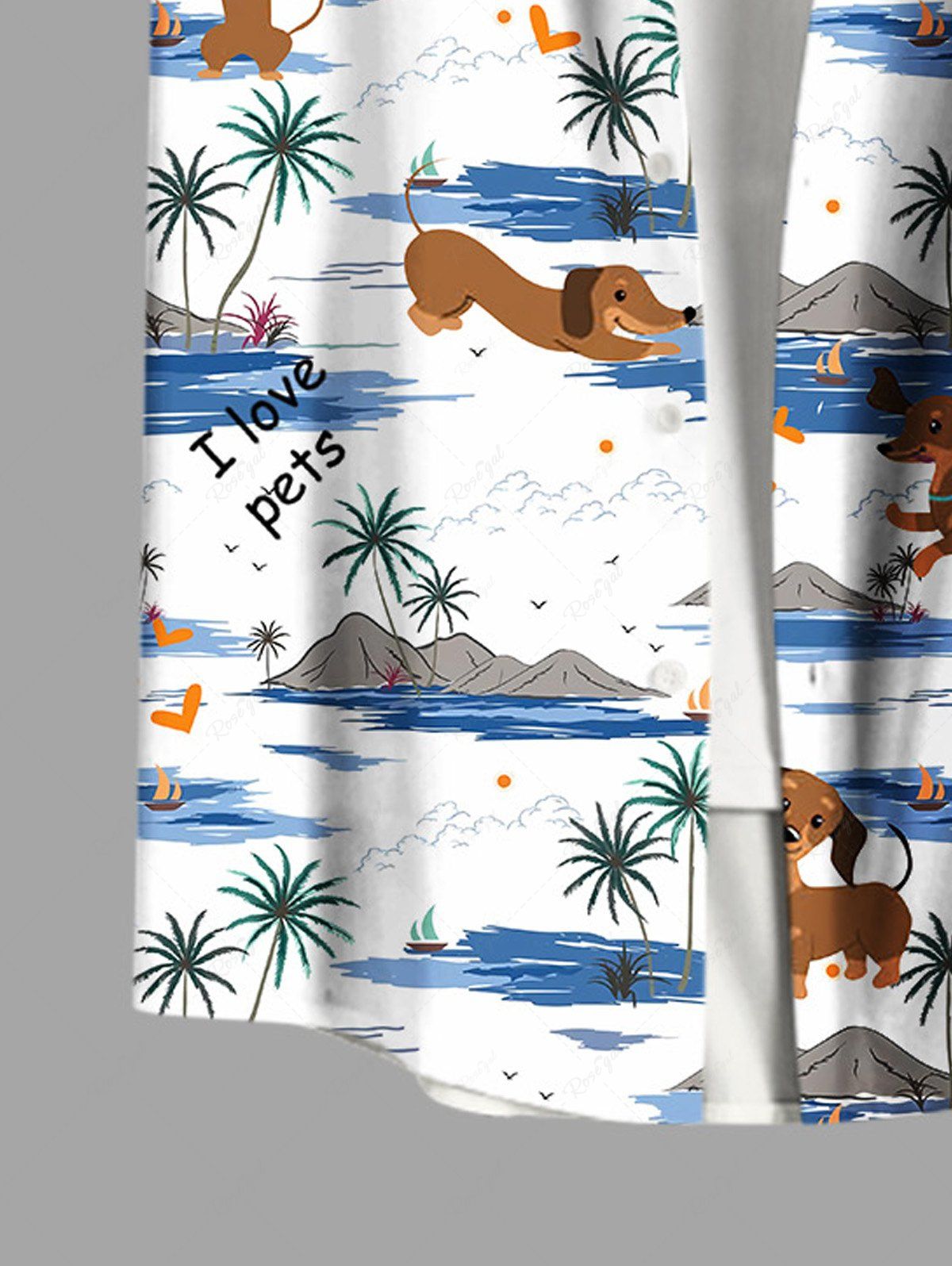Plus Size Coconut Tree Dogs Seascape Print Buttons Pocket Hawaii Shirt For Men