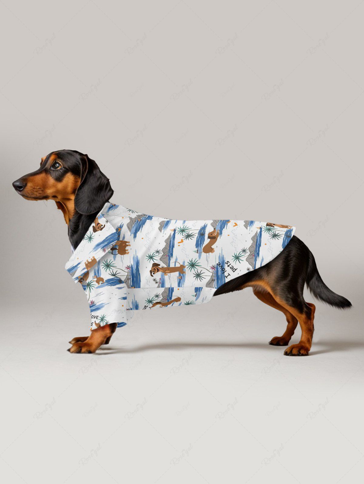 Pet's Coconut Tree Dogs Seascape Print Buttons Pocket Hawaii Shirt