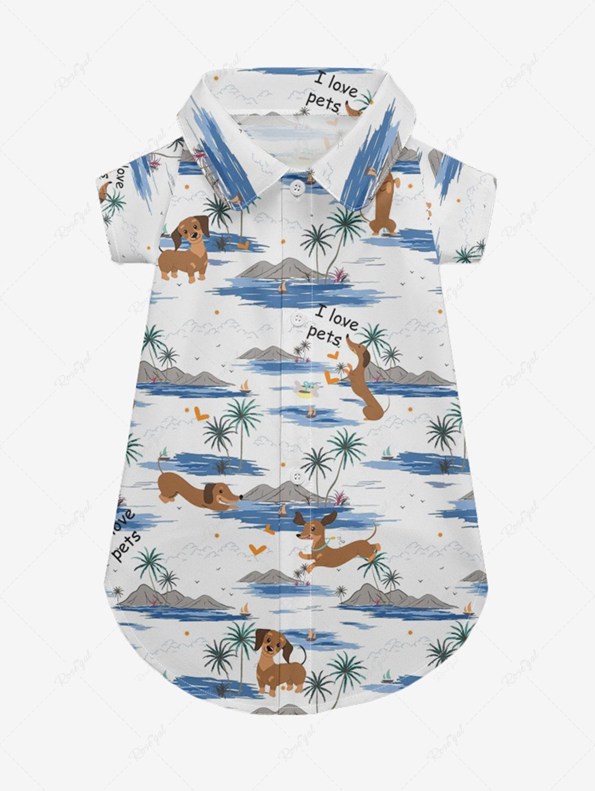Pet's Coconut Tree Dogs Seascape Print Buttons Pocket Hawaii Shirt