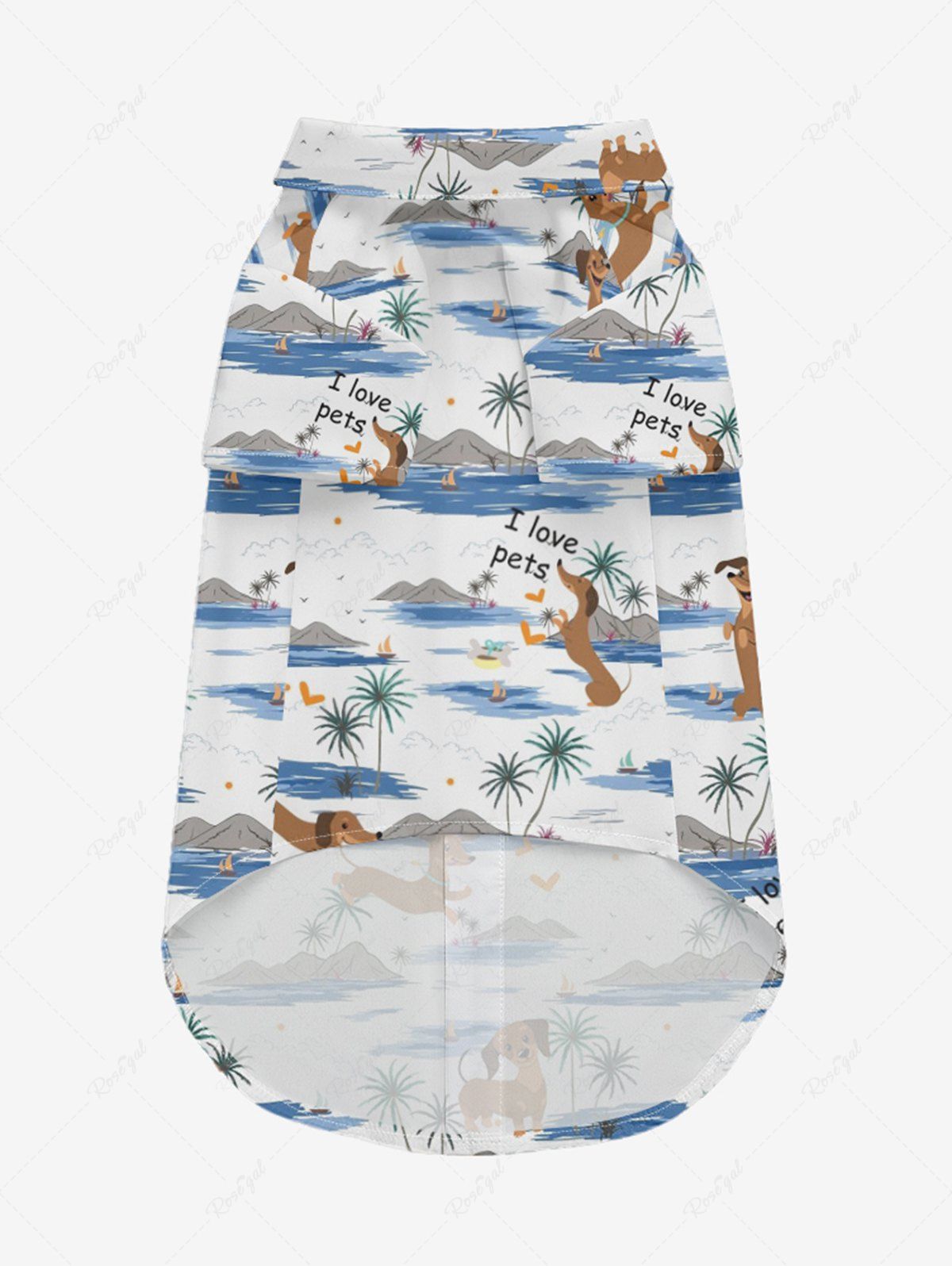 Pet's Coconut Tree Dogs Seascape Print Buttons Pocket Hawaii Shirt