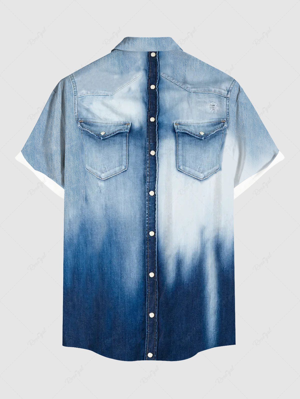 Plus Size Ombre Denim 3D Print Buttons Pocket Shirt For Men
