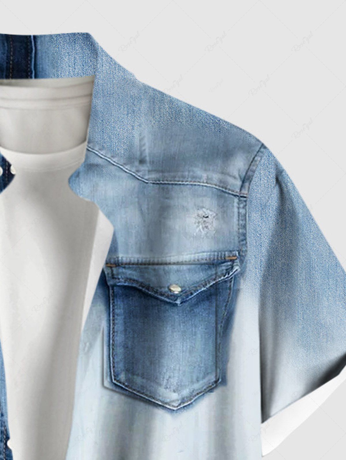 Plus Size Ombre Denim 3D Print Buttons Pocket Shirt For Men