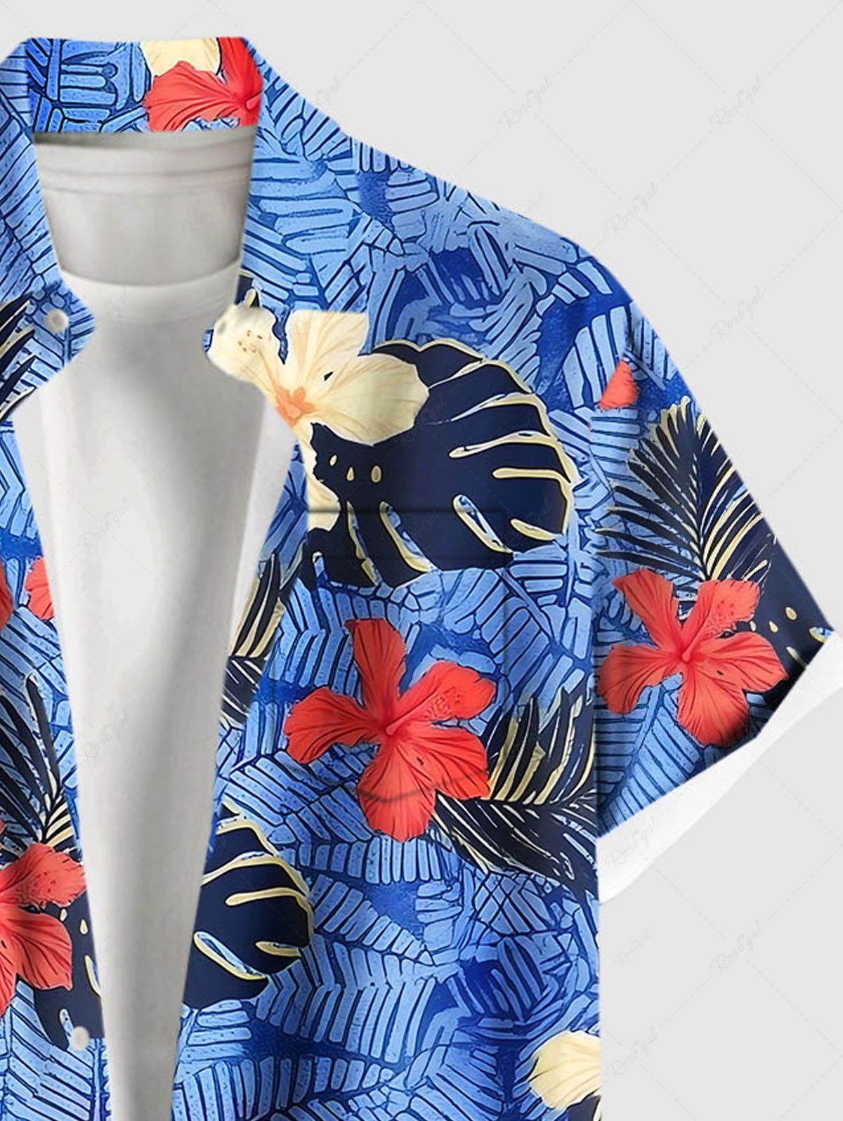 Plus Size Tropical Leaf Hibiscus Flower Print Hawaii Button Pocket Shirt For Men