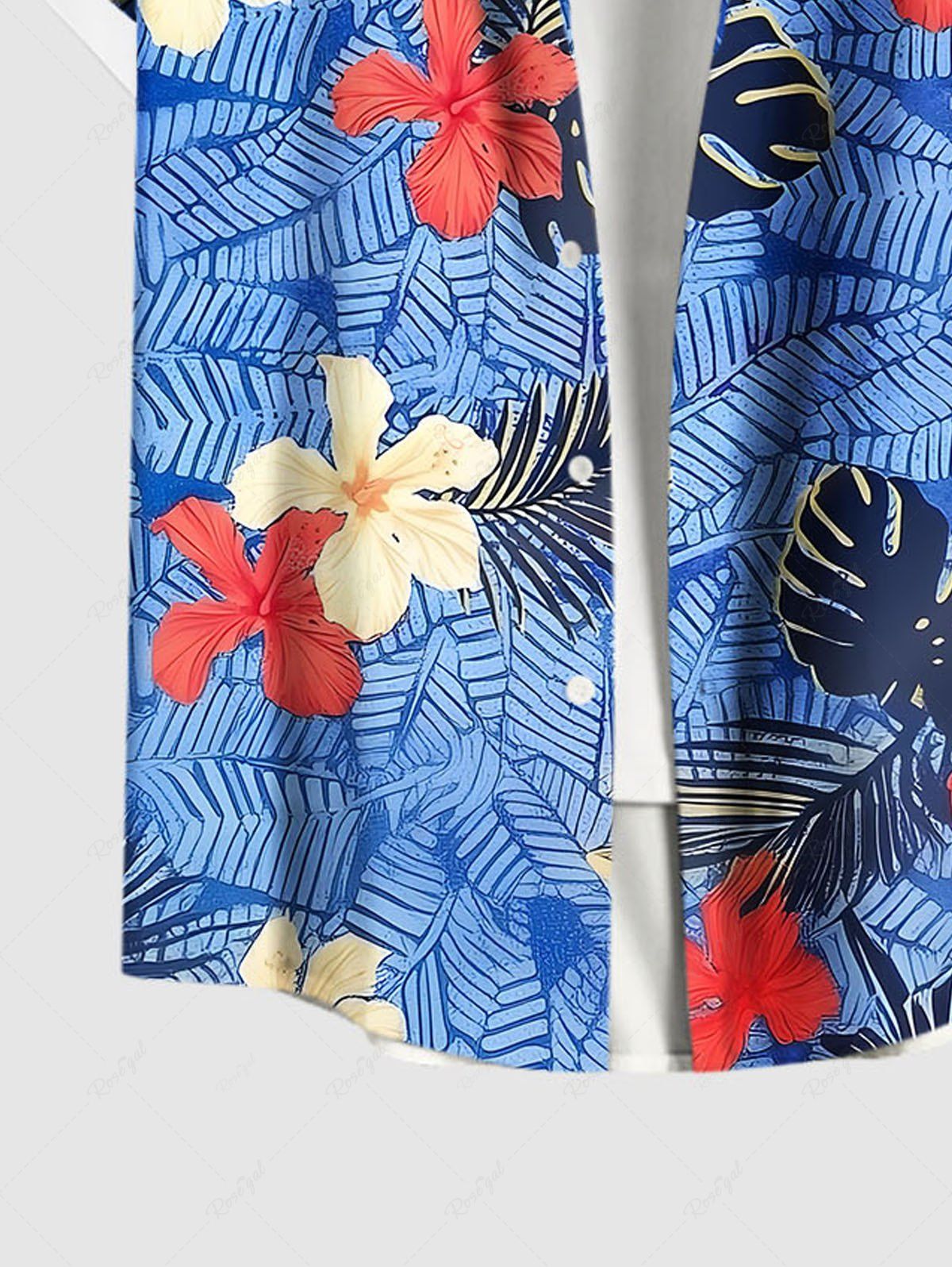 Plus Size Tropical Leaf Hibiscus Flower Print Hawaii Button Pocket Shirt For Men