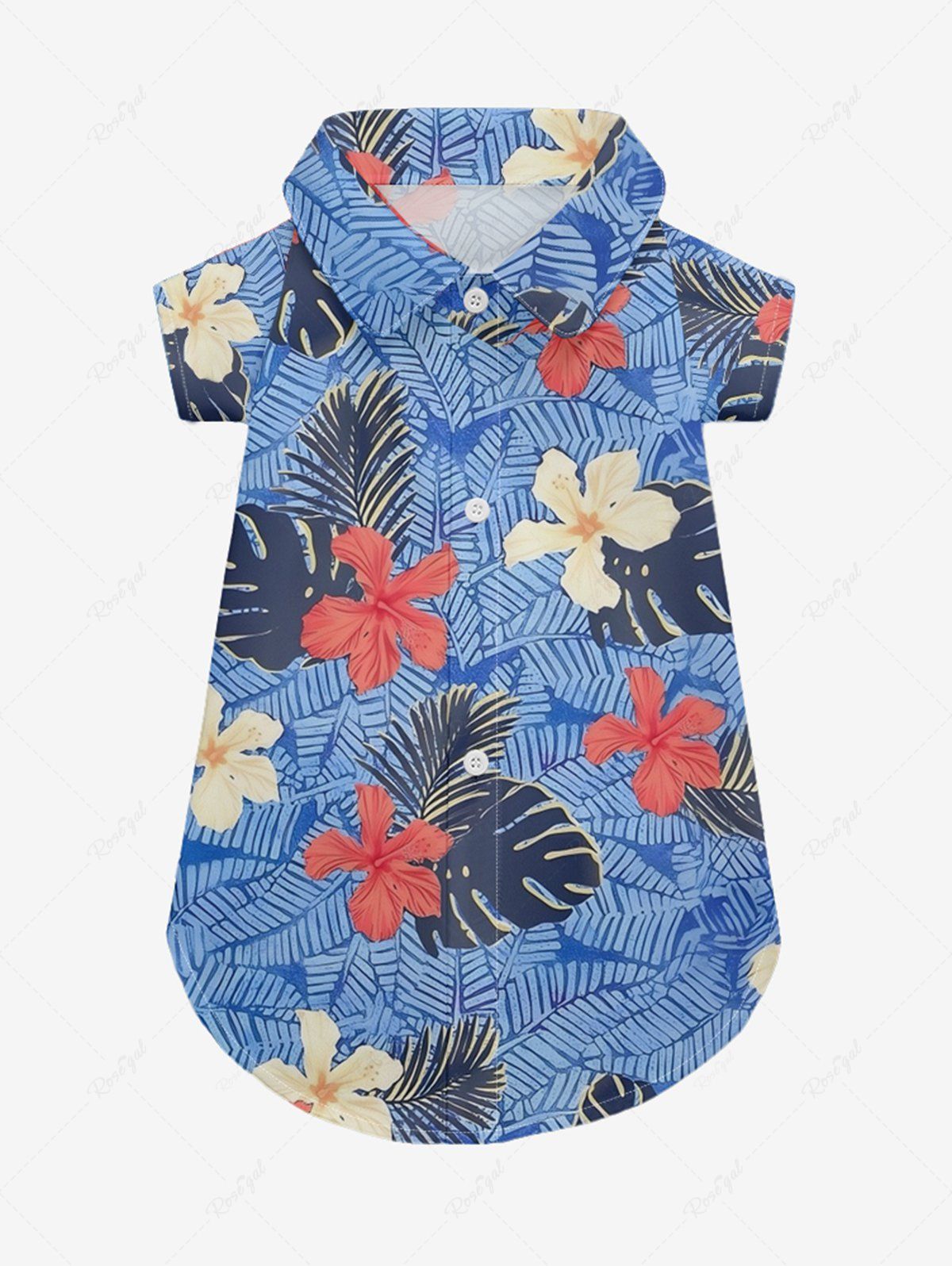 Pet's Tropical Leaf Hibiscus Flower Print Hawaii Button Shirt