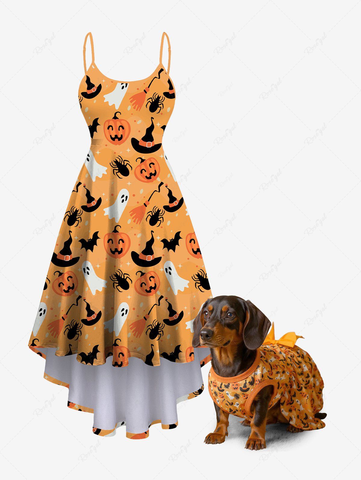 Halloween Pumpkin Bat Hat Ghost Spider Print Bowknot Dresses Dog and Owner Matching Outfits