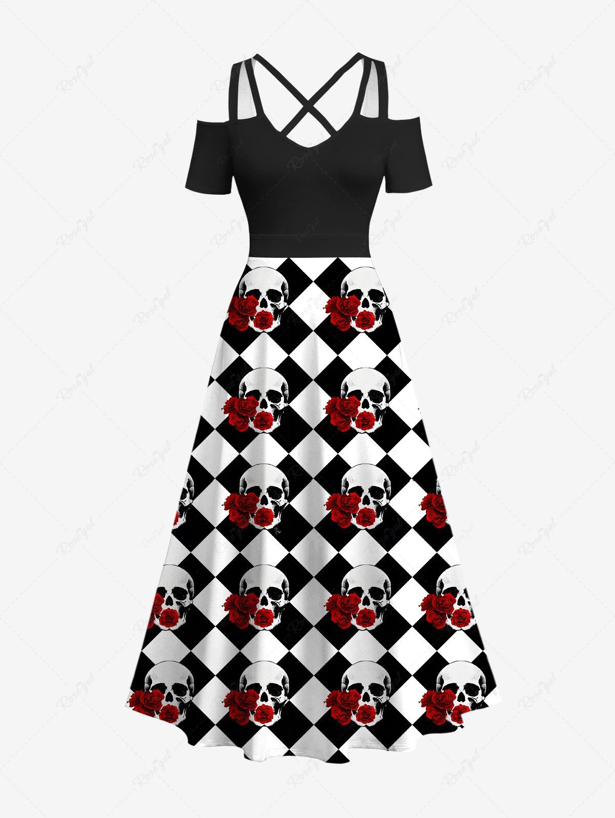 Halloween Skulls Flowers Checkered Plaid Print Fishnet Lace Trim Dresses Dog and Owner Matching Outfits