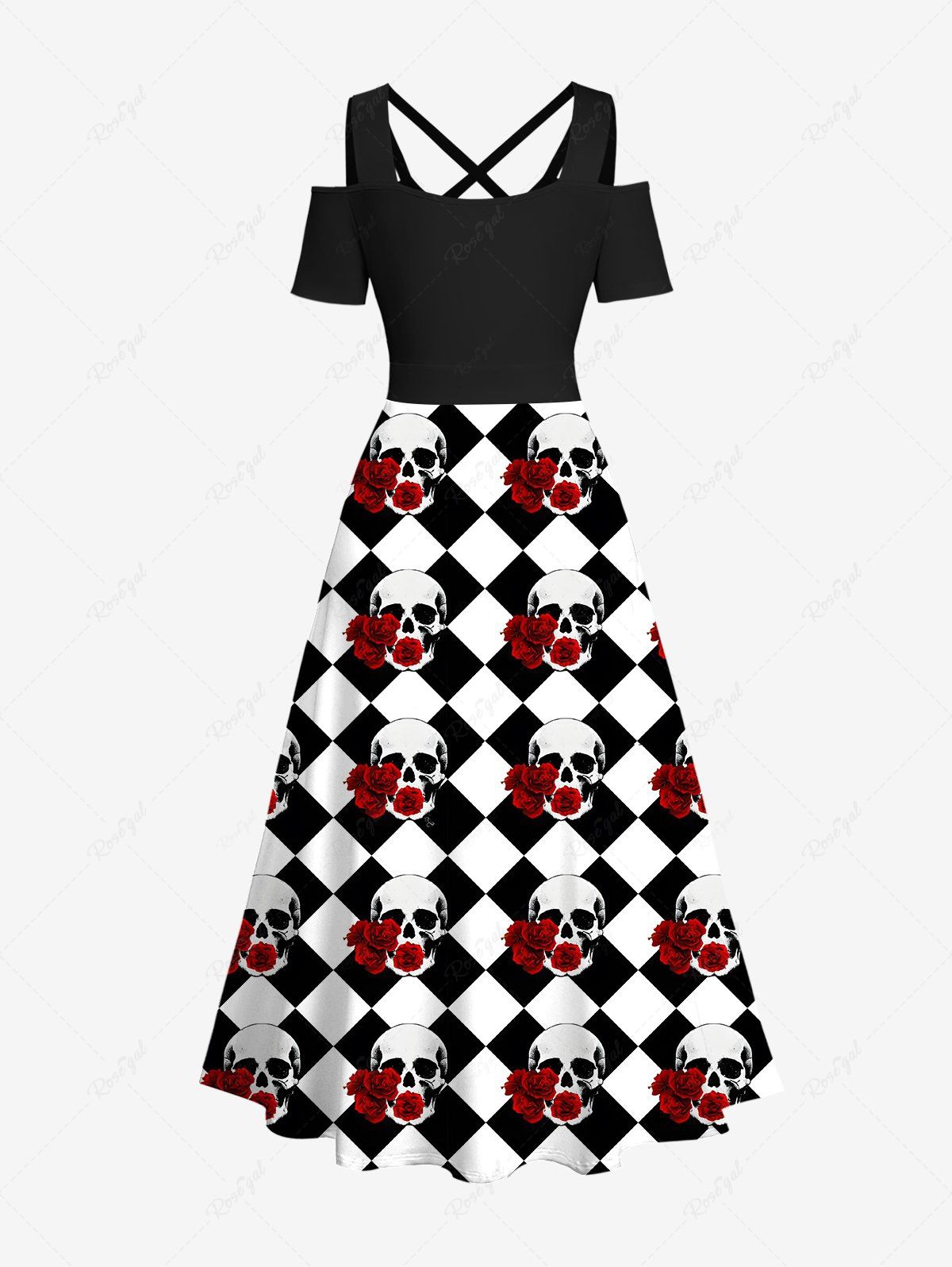 Halloween Skulls Flowers Checkered Plaid Print Fishnet Lace Trim Dresses Dog and Owner Matching Outfits