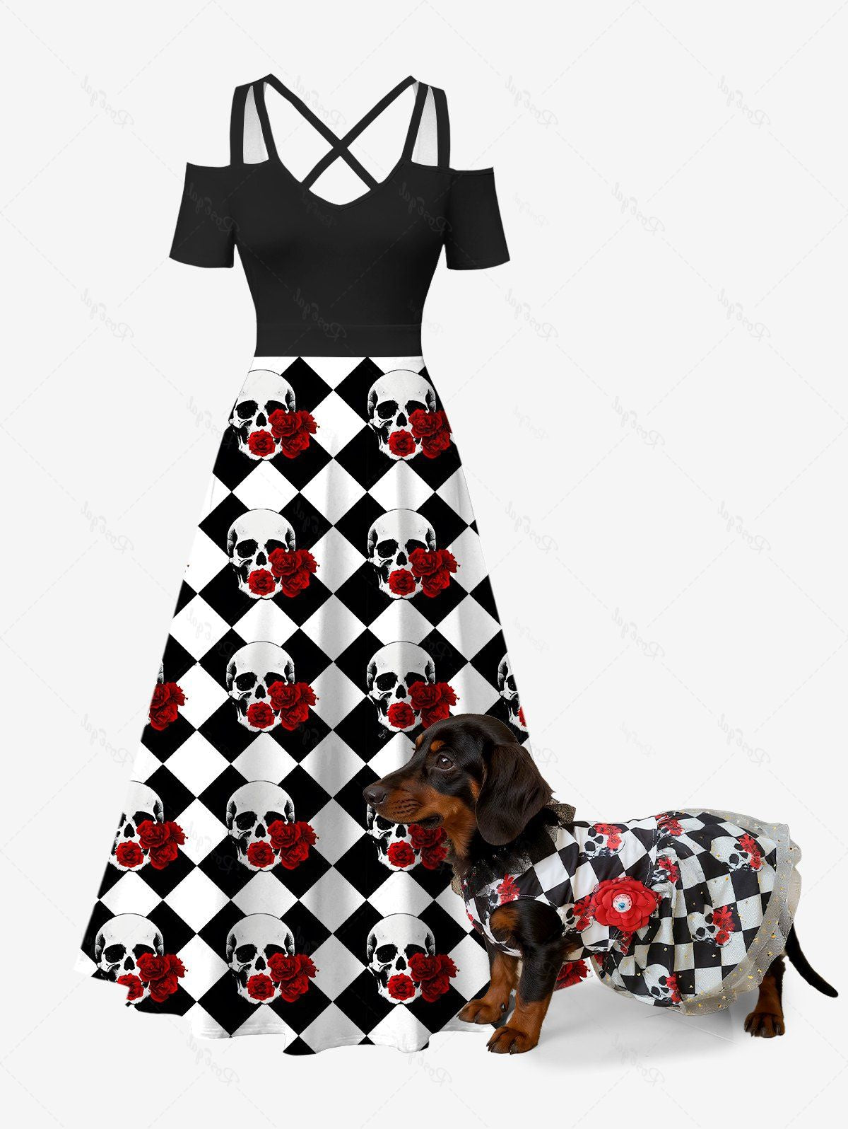 Halloween Skulls Flowers Checkered Plaid Print Fishnet Lace Trim Dresses Dog and Owner Matching Outfits