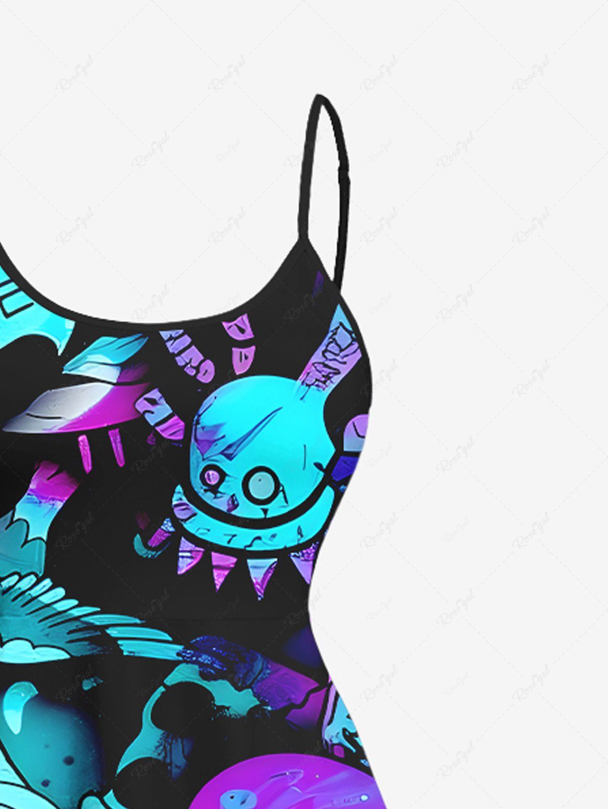 Plus Size Skull Bird Graffiti Print High Low Asymmetric Cami Dress