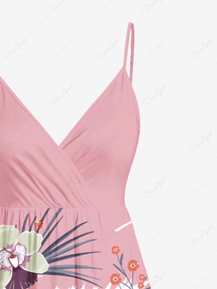 Plus Size Tropical Leaf Hibiscus Flower Print Hawaii Surplice A Line Cami Dress