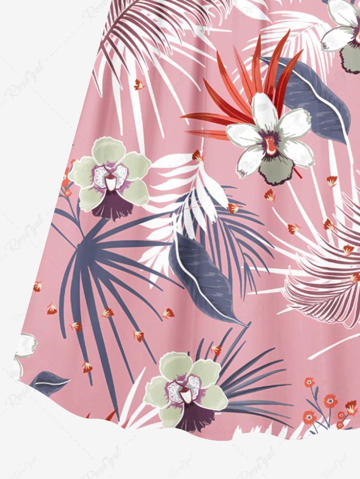 Plus Size Tropical Leaf Hibiscus Flower Print Hawaii Surplice A Line Cami Dress