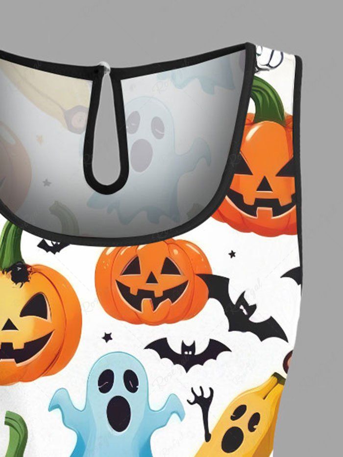 Plus Size Pumpkin Ghost Bat Bananas Print Halloween Drawstring Pocket Romper