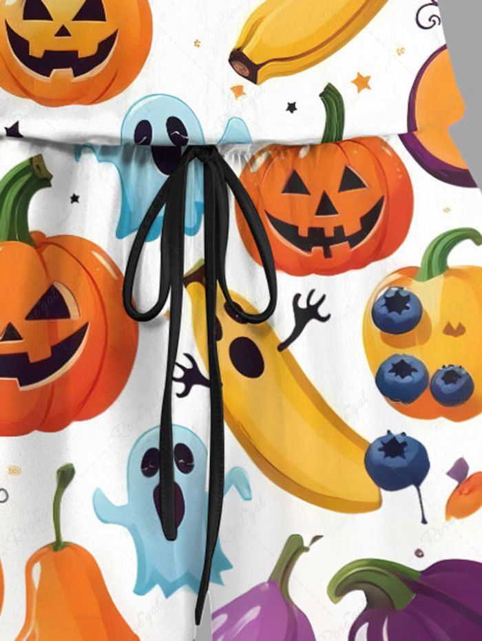 Plus Size Pumpkin Ghost Bat Bananas Print Halloween Drawstring Pocket Romper