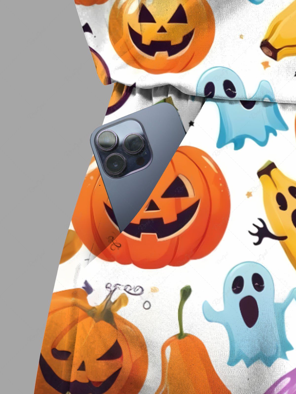 Plus Size Pumpkin Ghost Bat Bananas Print Halloween Drawstring Pocket Romper