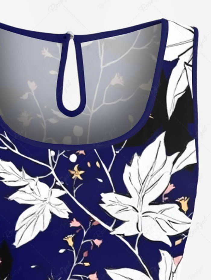 Plus Size Leaf Branch Print Drawstring Pocket Romper