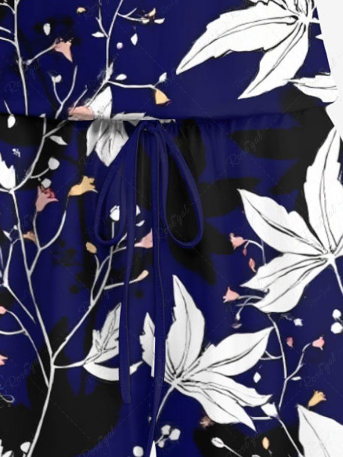 Plus Size Leaf Branch Print Drawstring Pocket Romper