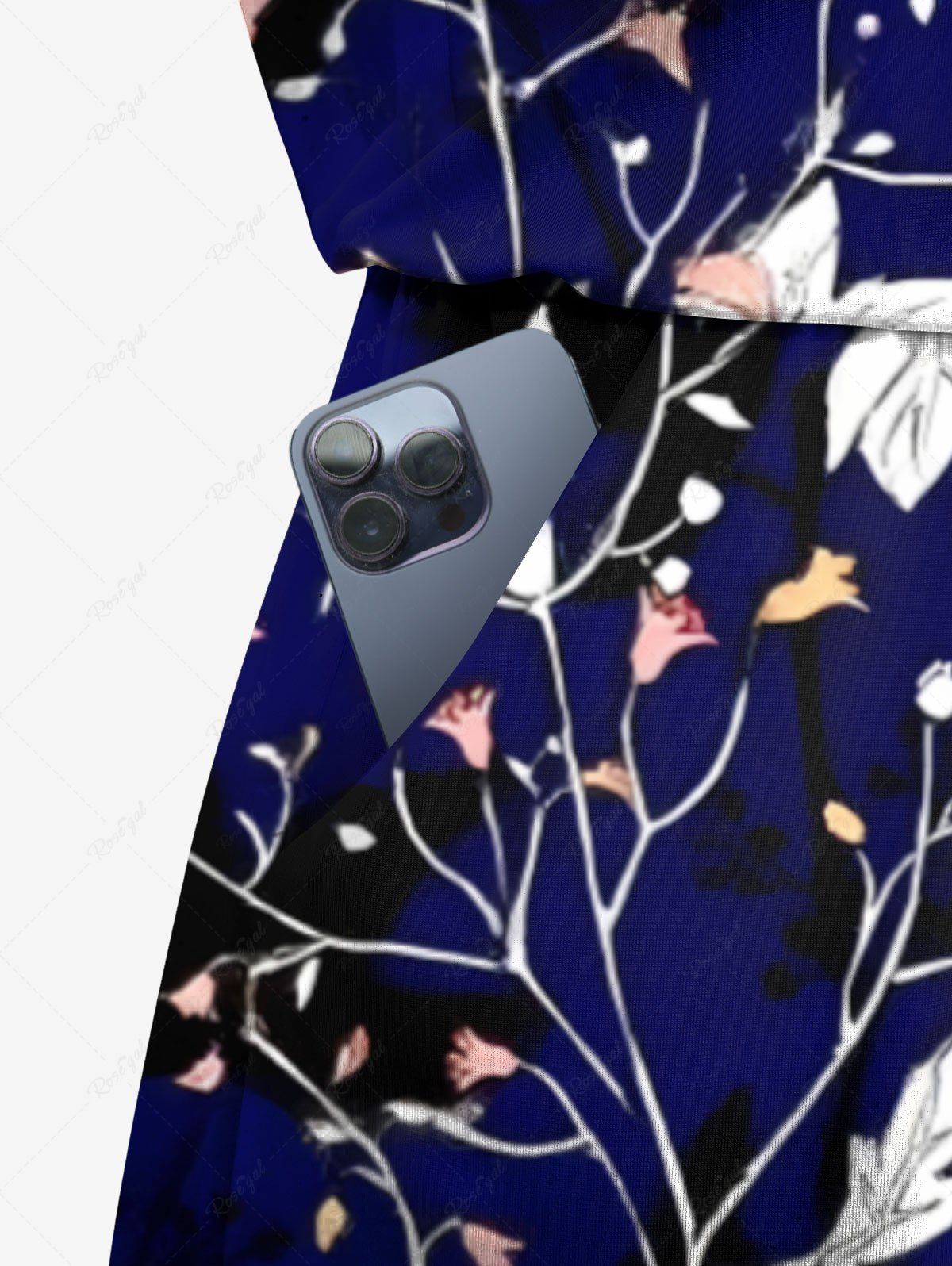 Plus Size Leaf Branch Print Drawstring Pocket Romper