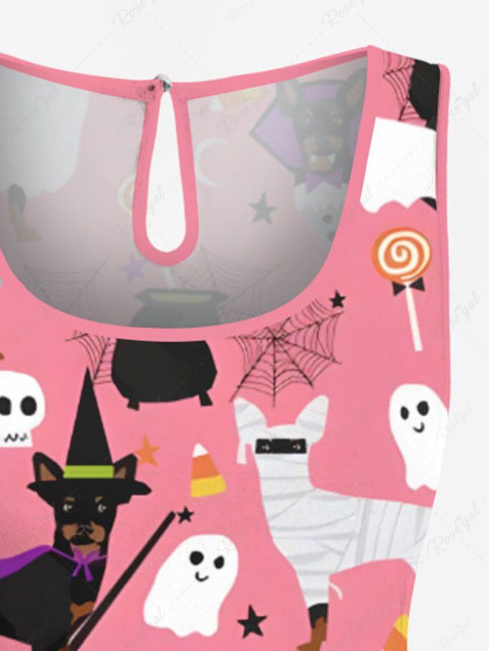 Plus Size Dog Bat Pumpkin Ghost Spider Web Print Halloween Drawstring Pocket Romper