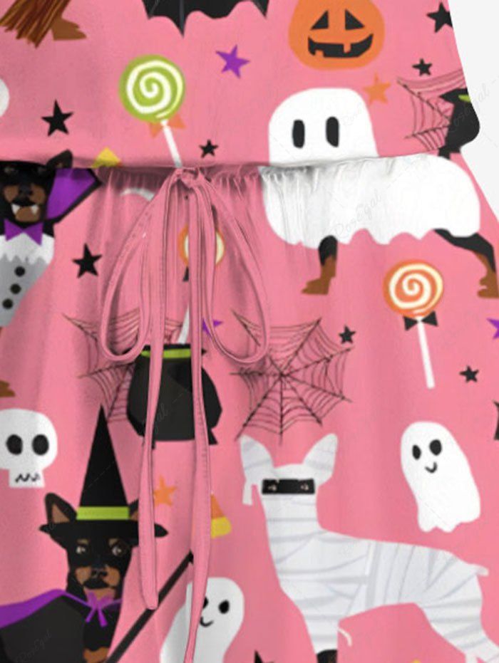 Plus Size Dog Bat Pumpkin Ghost Spider Web Print Halloween Drawstring Pocket Romper
