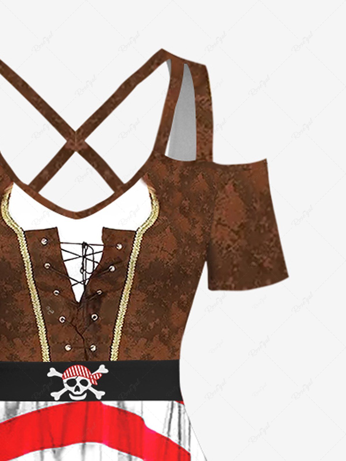Plus Size Halloween Costume Pirate Style 3D Printed Cold Shoulder Crisscross Maxi Dress
