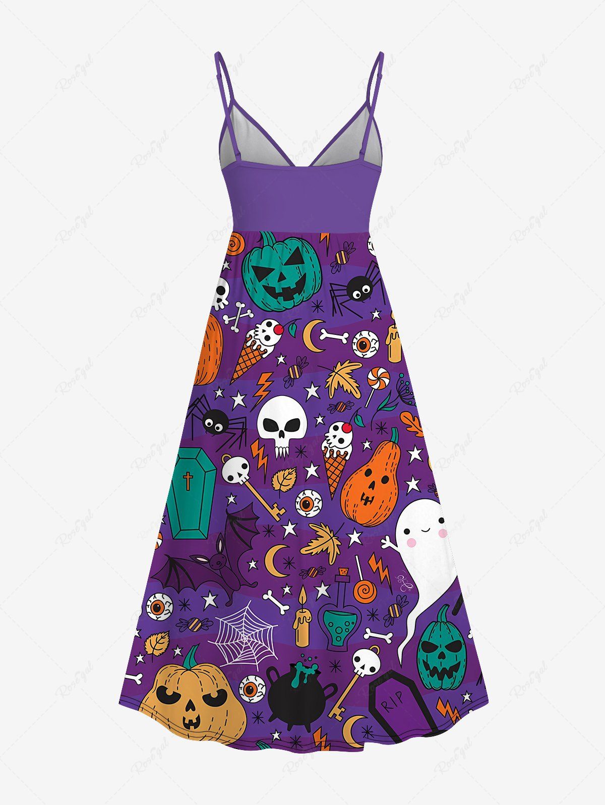 Plus Size Halloween Skulls Pumpkin Spider Bat Ghost Print Surplice Cami Dress
