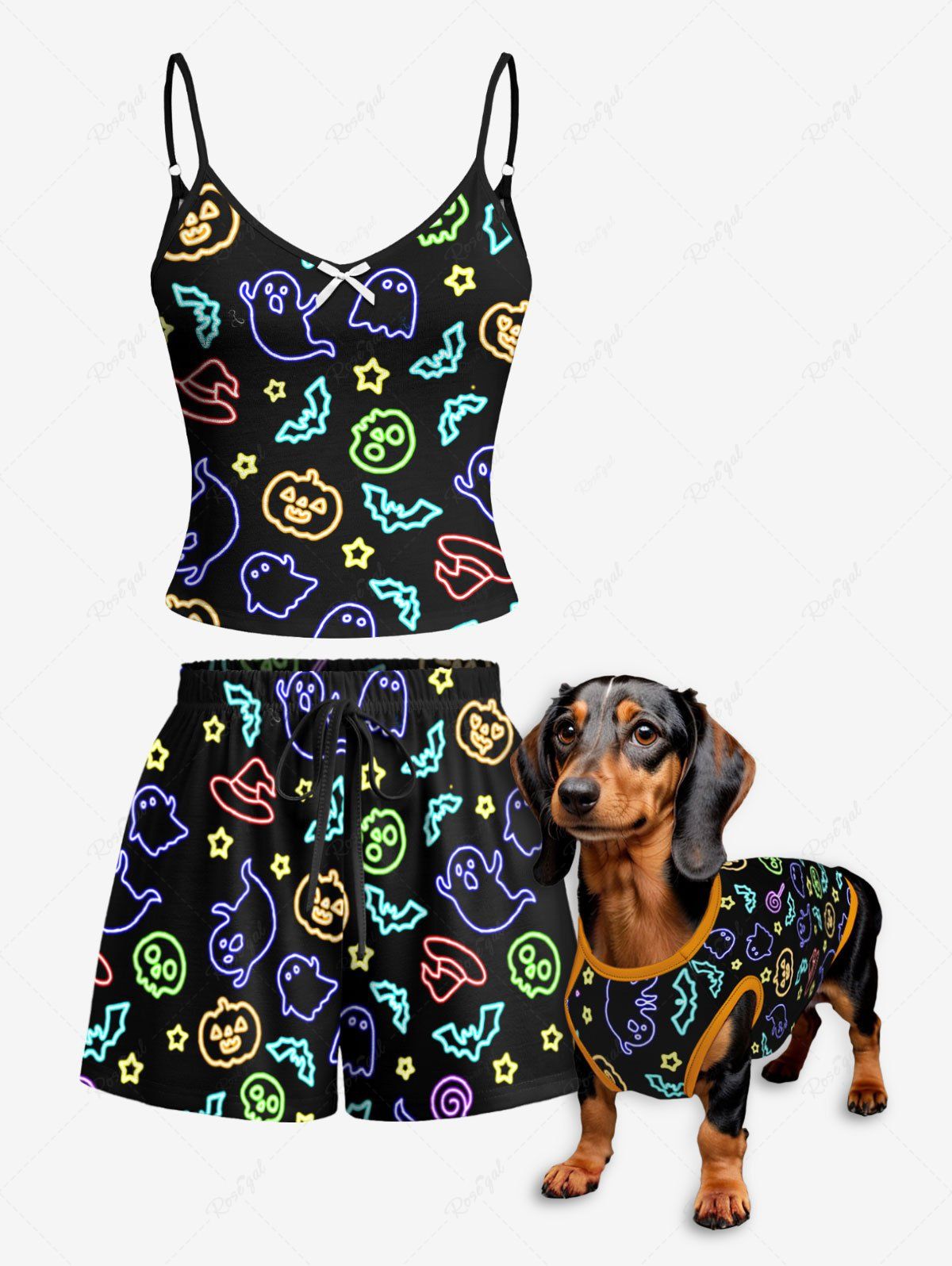 Glitter Ghost Bat Pumpkin Star Printed Halloween Tank Top Pajama Set Dog And Owner Matching Outfits